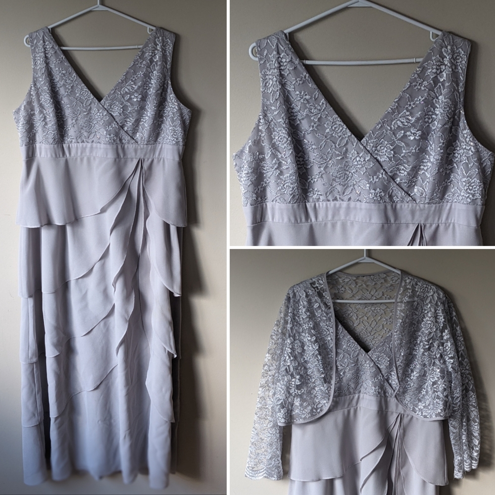 2XL Elegant Gray Lace Evening Dress